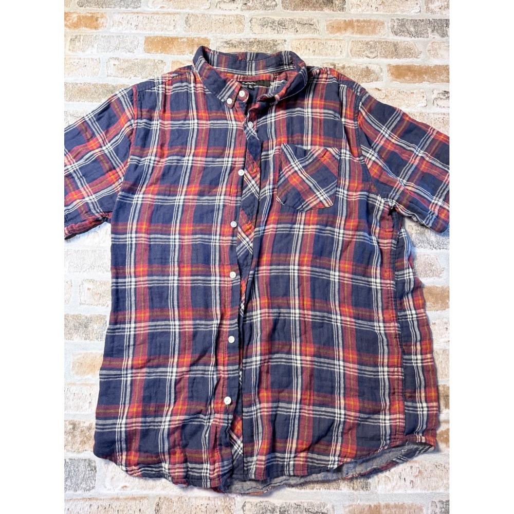 Carbon Mens XL Short Sleeve Plaid Button Down Shirt Navy Blue Red Cotton Casual
